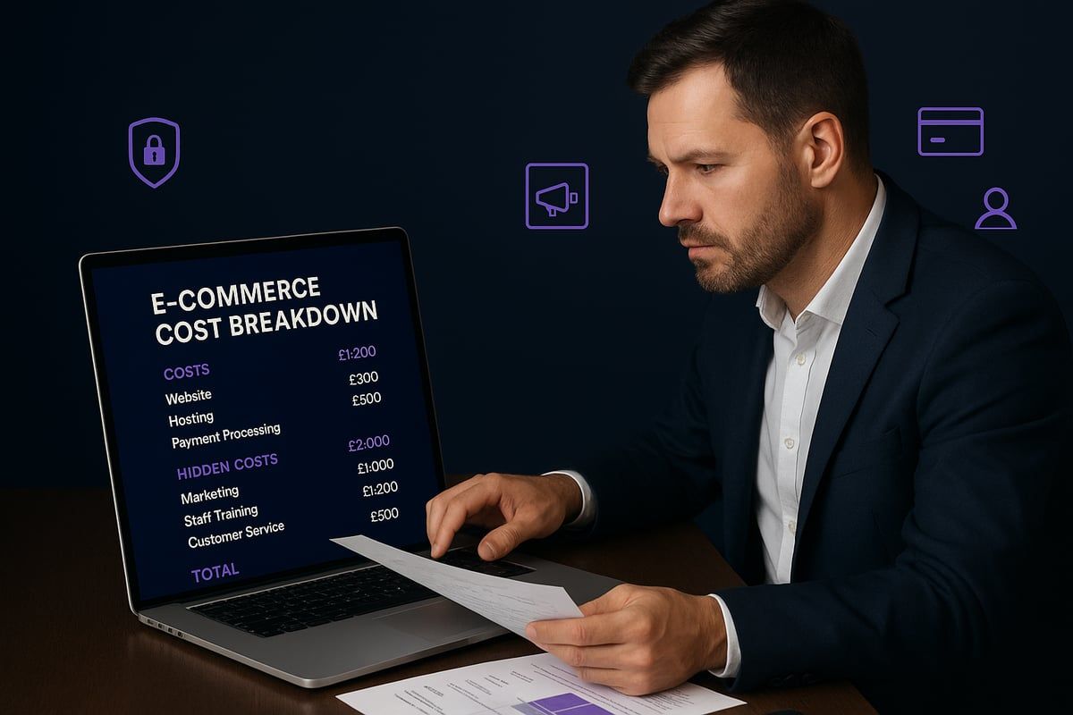 Man in suit reviewing e-commerce cost breakdown on a laptop. Dark background with digital icons.