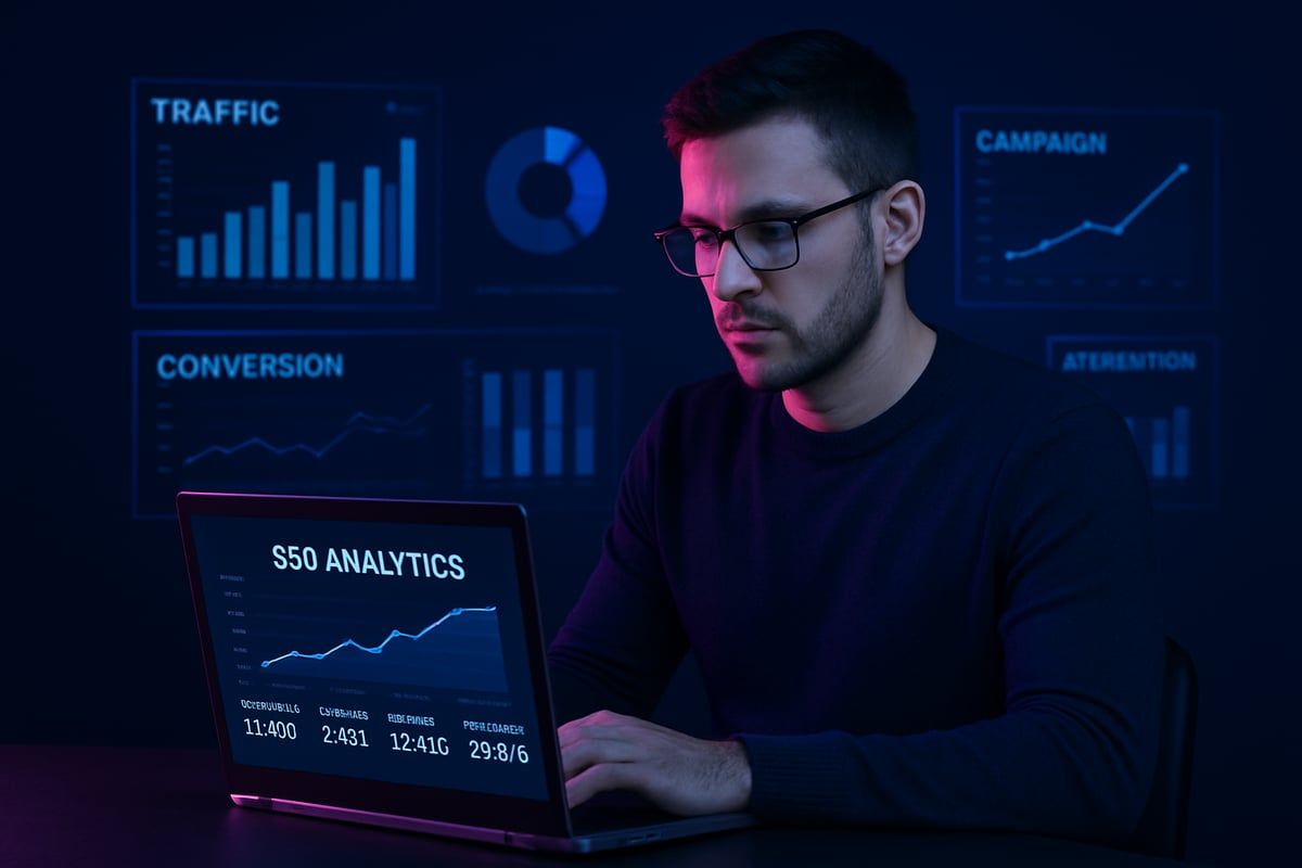 Man with glasses working on a laptop displaying
