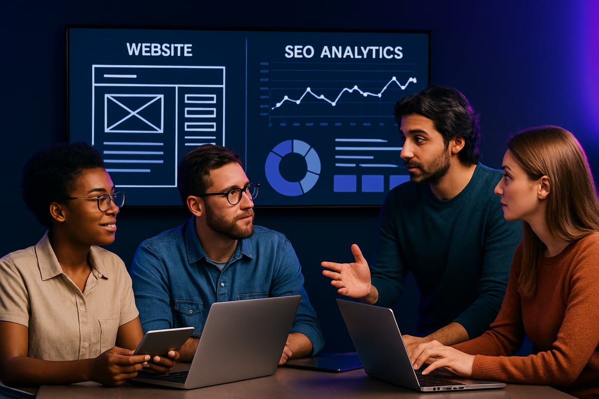 Four people in meeting discussing website and SEO analytics data displayed on a screen.