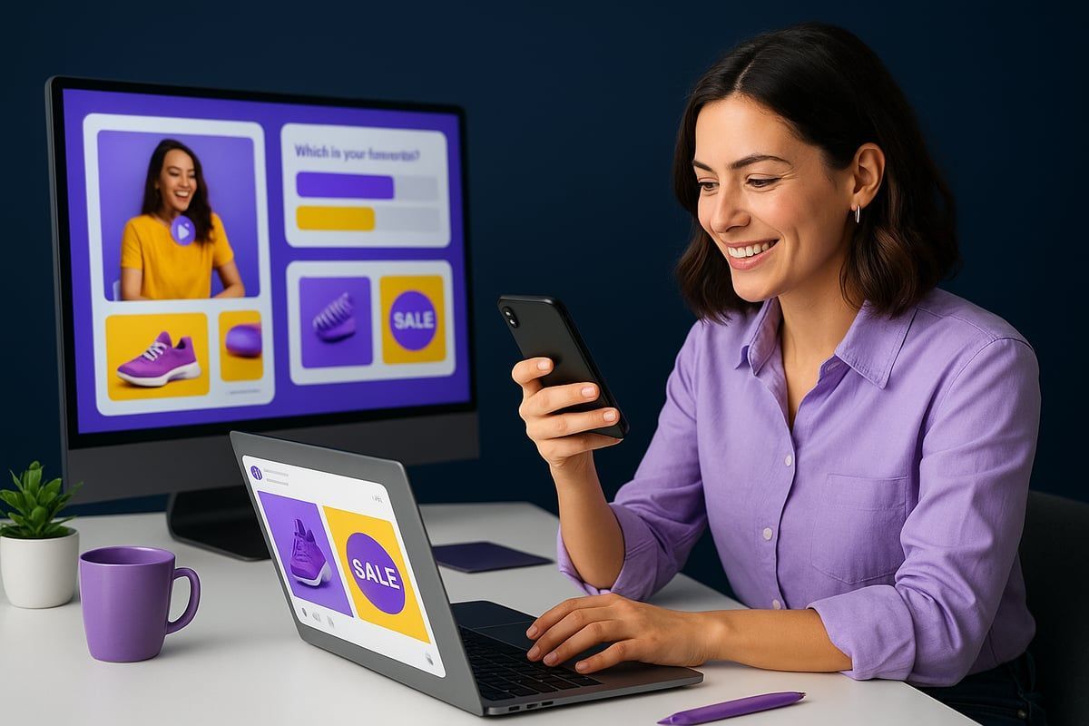 Woman smiles while using a phone and laptop, reviewing an online shopping website in an office setting.