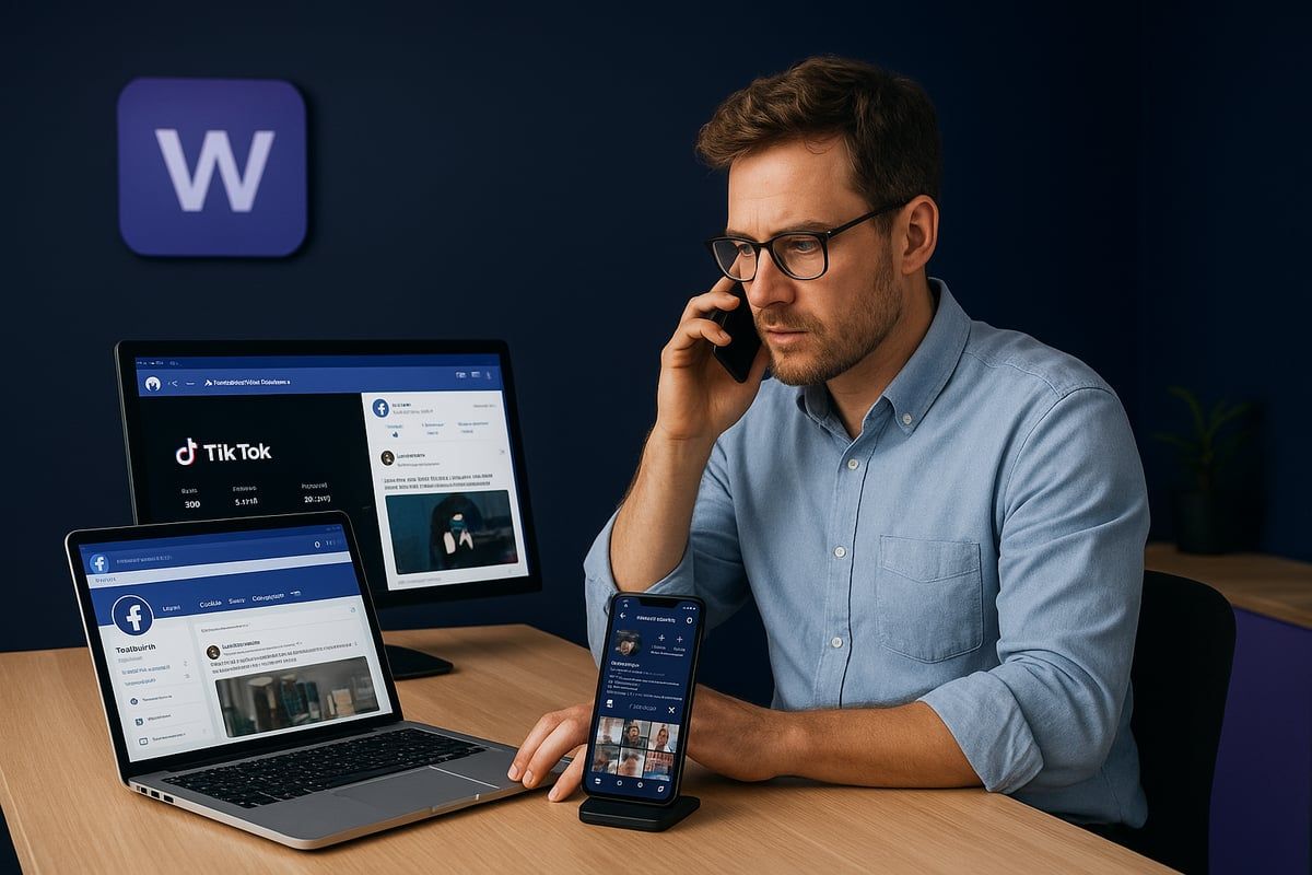 Man on the phone, looking at laptop and phone screens showing social media. A 