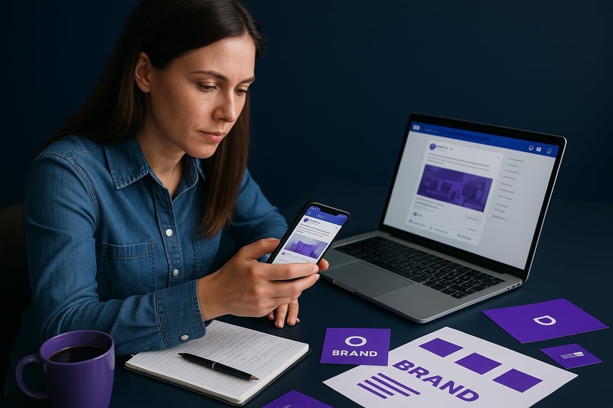Woman reviews data on smartphone and laptop, with branding materials, coffee, and notepad on a blue desk.