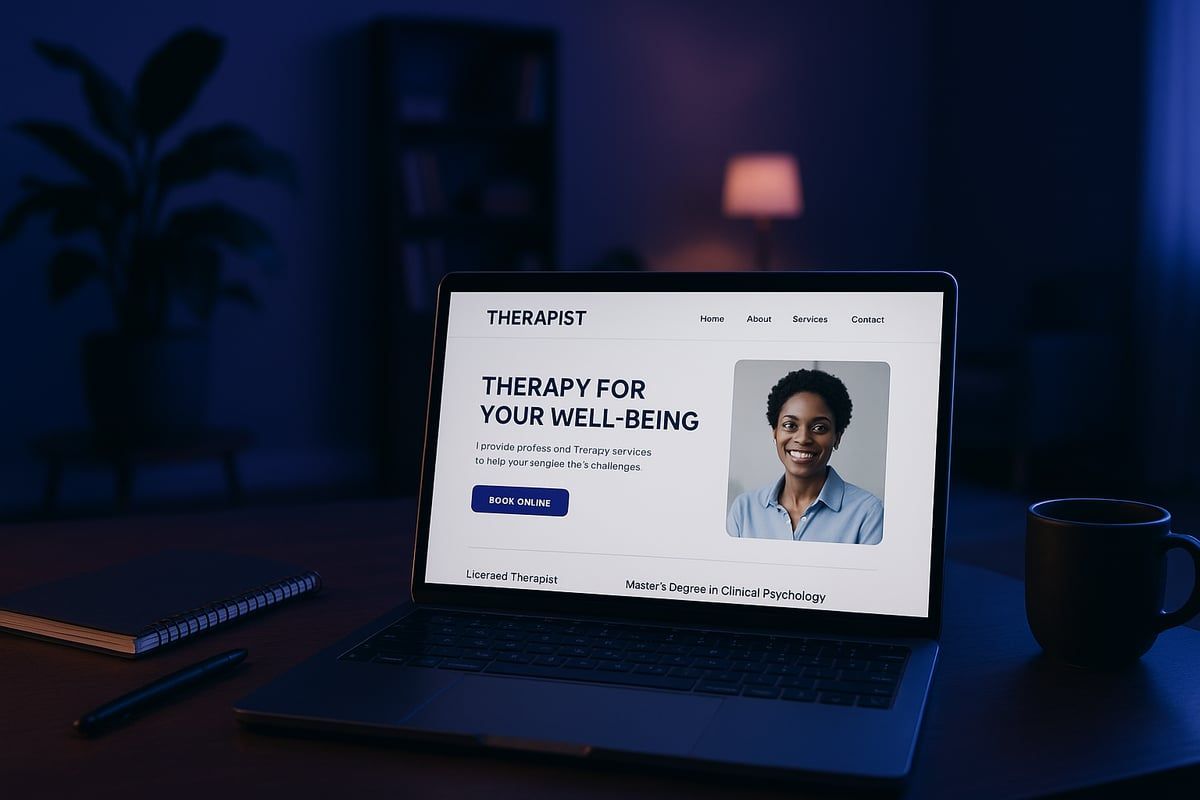 Laptop displaying a therapy website with text 