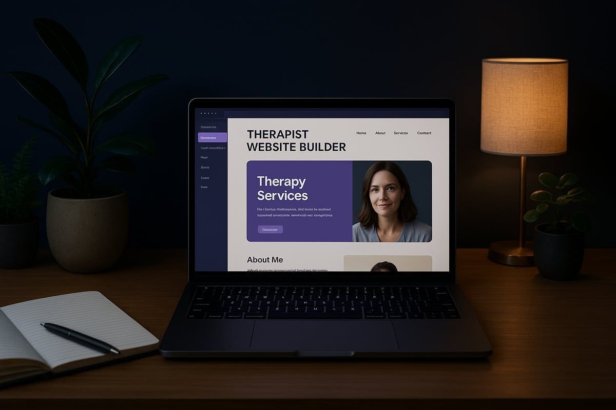 Laptop displaying a website for therapy services; notebook and lamp on a dark desk.