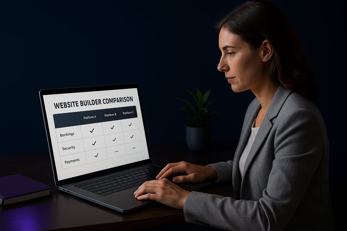 Woman in a blazer working on a laptop, dark office setting.