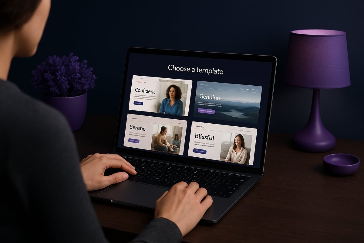 Person using a laptop displaying a website with four featured images. Dark blue background and purple accents.