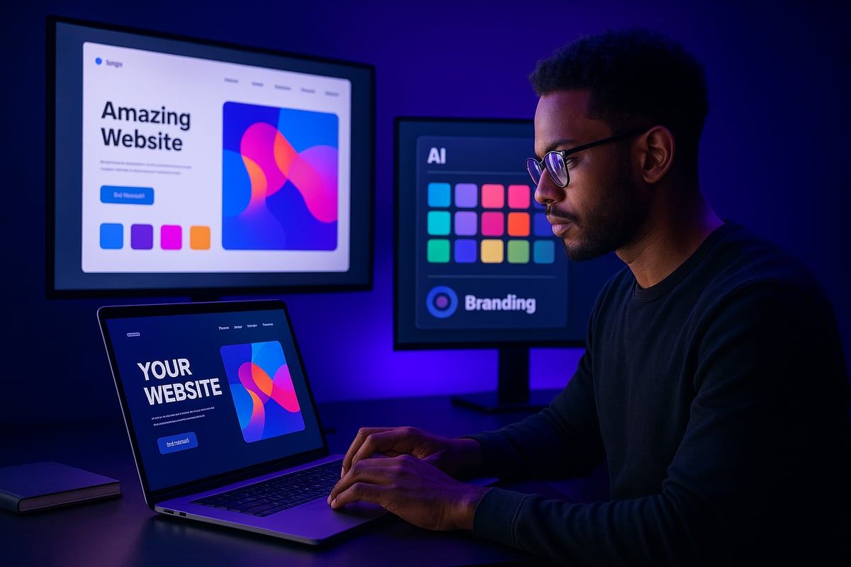 Man working on website design with multiple screens, in a dark setting, using a laptop and external monitors.