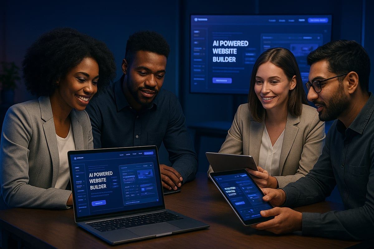 Four coworkers reviewing website builder interface on laptops and tablet in a meeting room, smiling and collaborating.