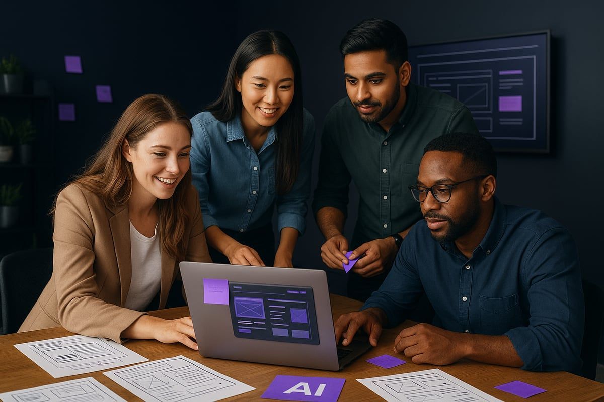 Four colleagues gather around a laptop, smiling, discussing a design in an office setting.