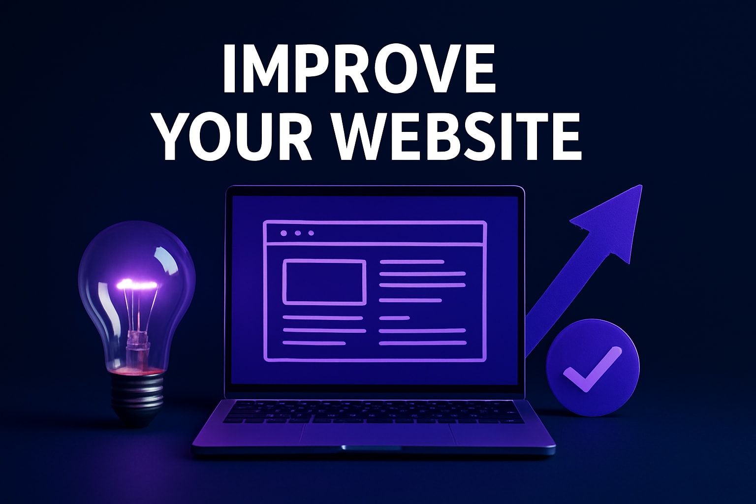 Laptop with webpage design, lit lightbulb, upward arrow, and text