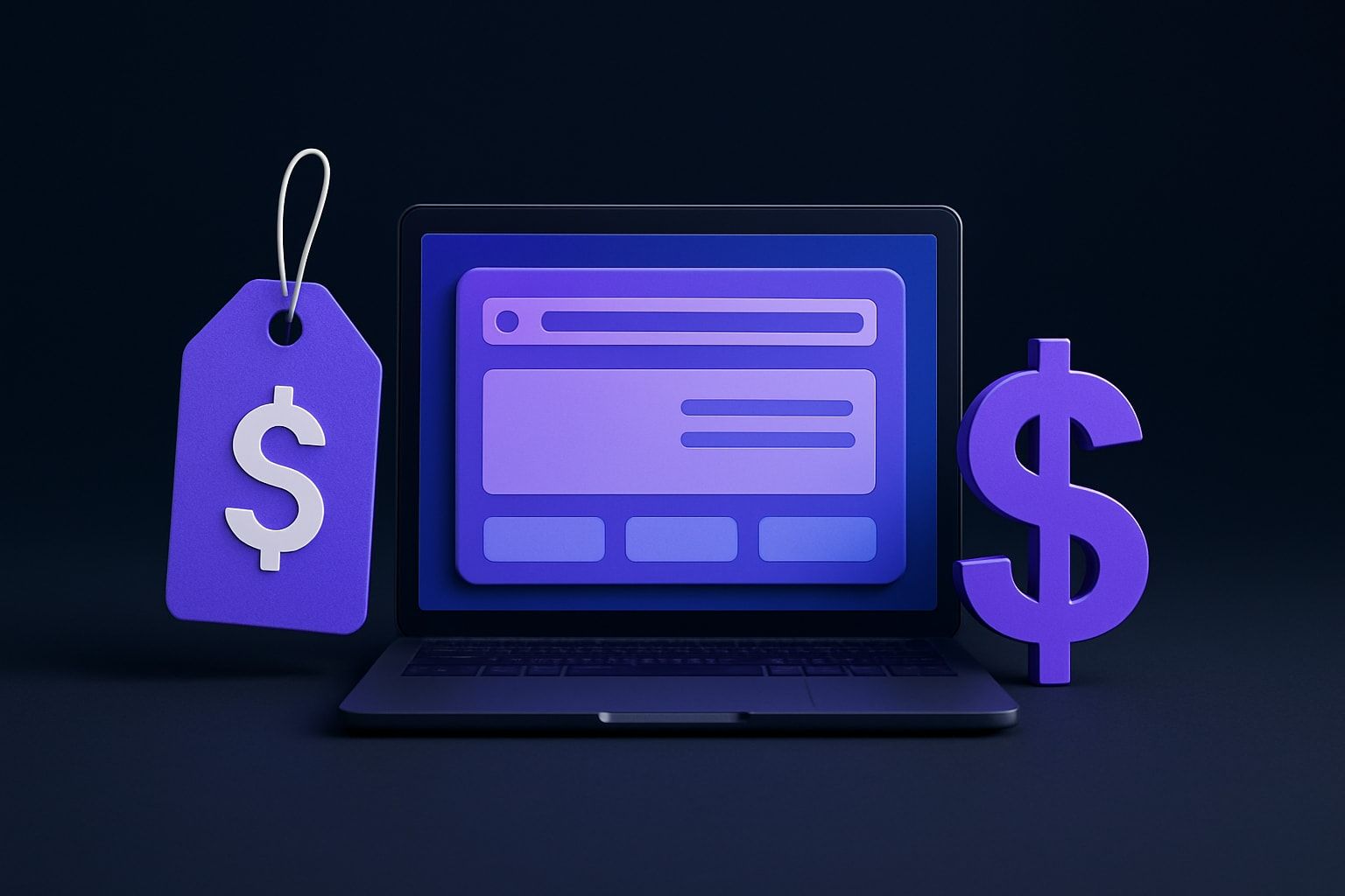 Laptop with a website interface, dollar sign tag, and a dollar sign on a dark background.