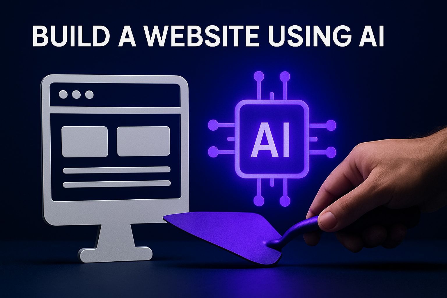 Hand using a trowel to build a website with AI. Computer screen icon with an AI chip on a dark blue background.