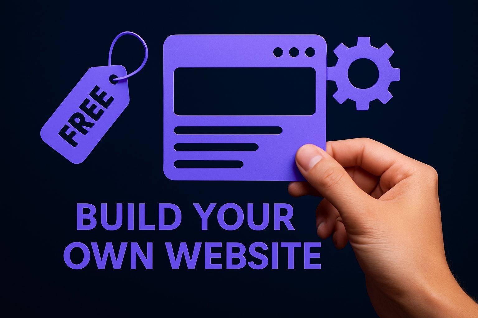 Hand holding a purple website icon, free tag, gear, and text
