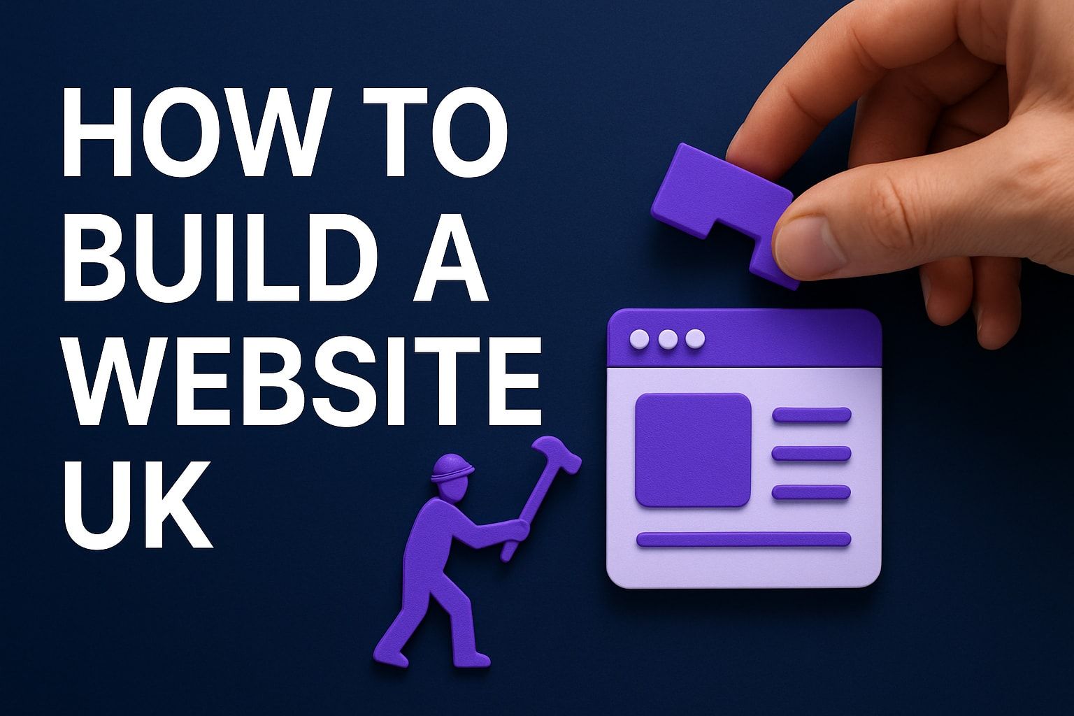 Hand adding a purple website icon block, beside a person with a hammer, on a blue background. Text reads: 