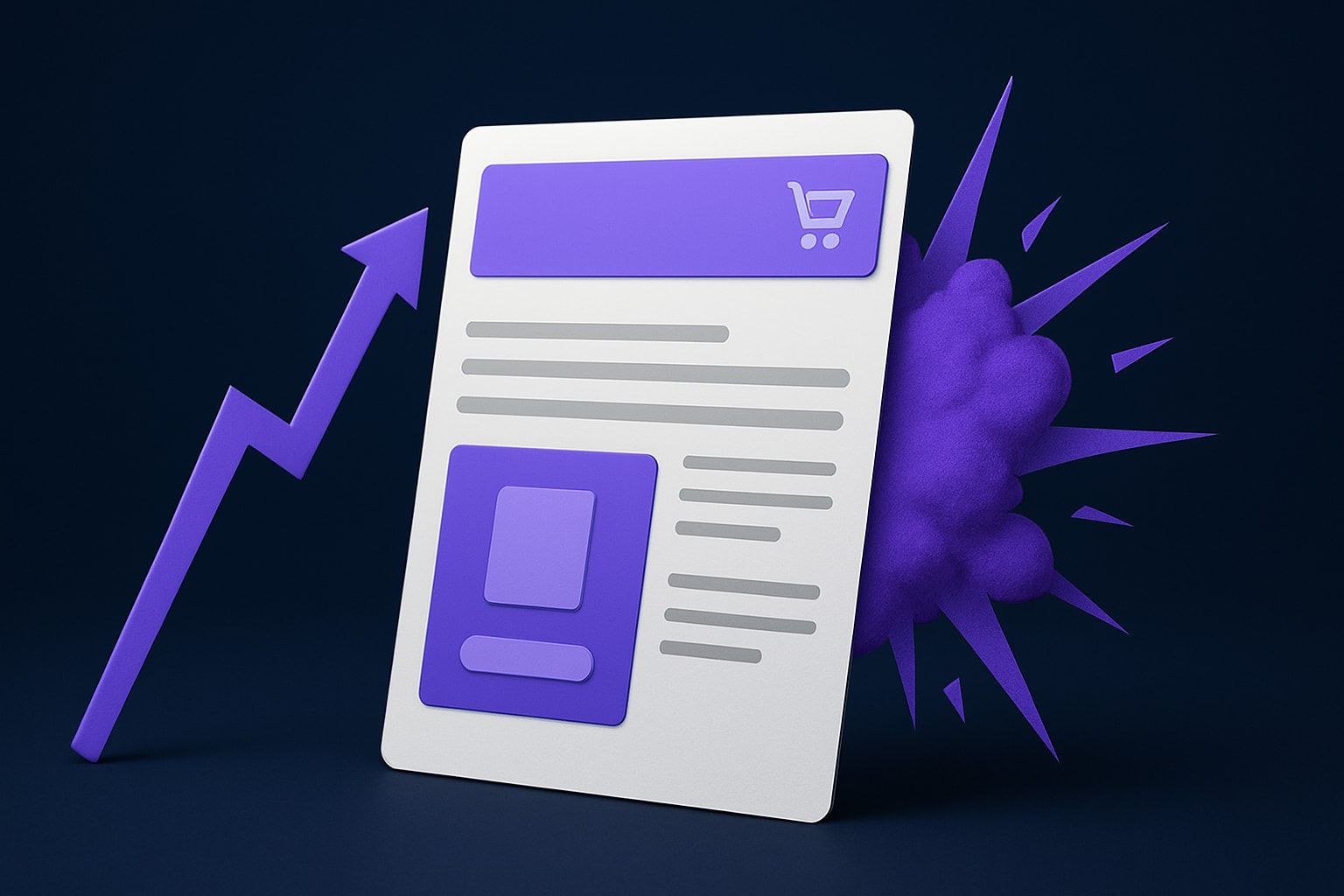 Purple-themed eCommerce website, progress arrow, and bursting cloud, symbolizing growth.
