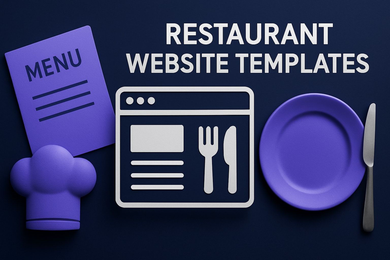 Restaurant website templates: purple menu, chef hat, website mockup, plate, knife, and fork.