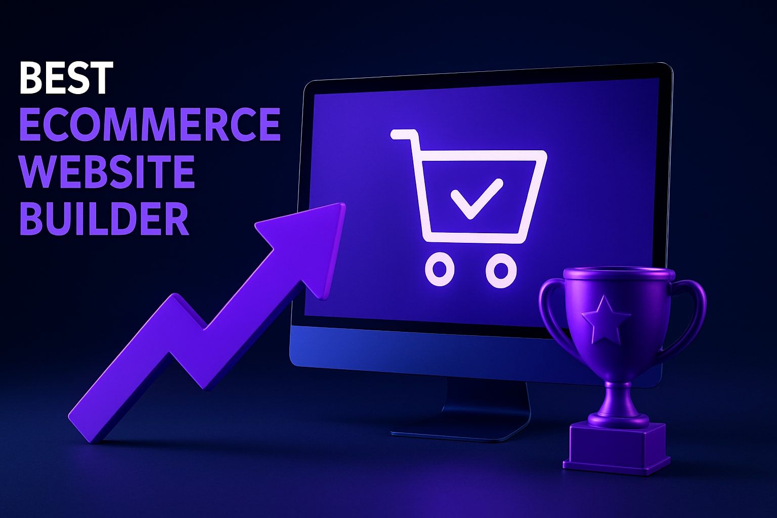 Best eCommerce website builder with computer, shopping cart, trophy, and arrow graphic.