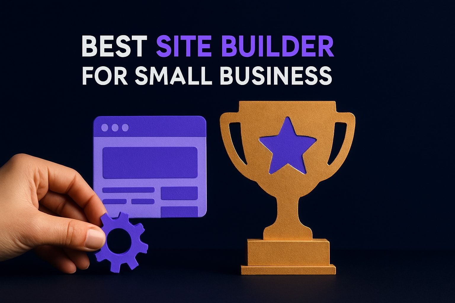Hand holding cog near webpage cutout and trophy; text reads 