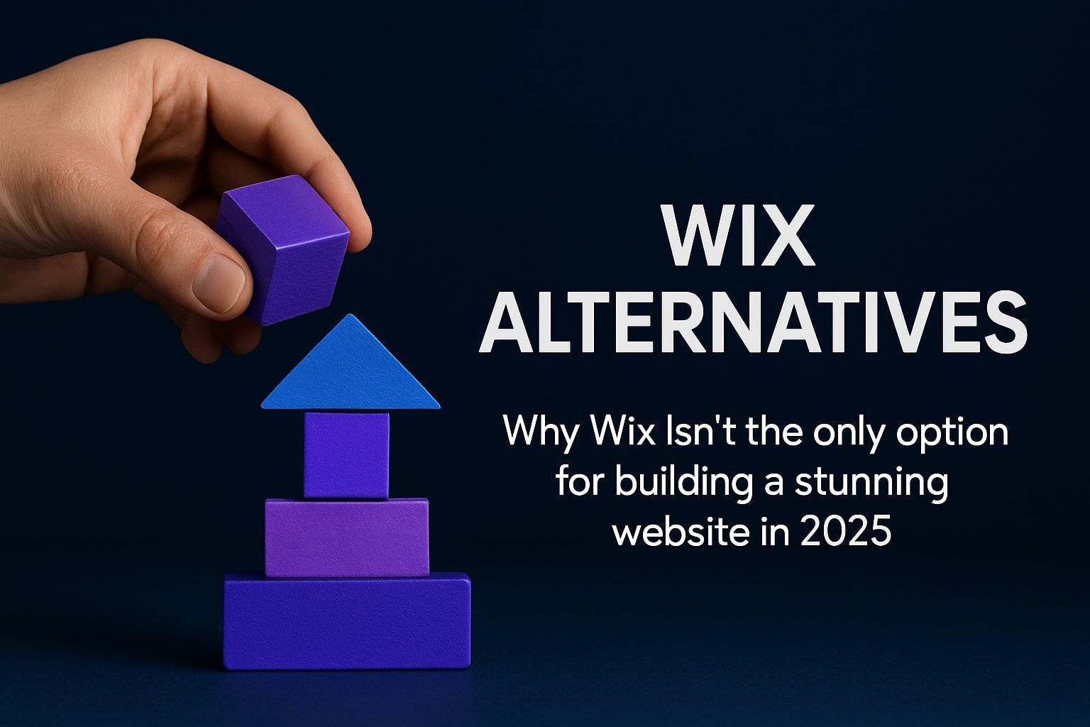 Hand building a pyramid of purple blocks,