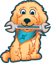 A cartoon dog is holding a wrench in its mouth.