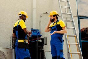 Two men wearing hard hats and overalls are standing next to a ladder.