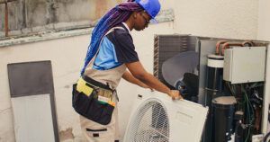 A man is working on an air conditioner outside of a building.