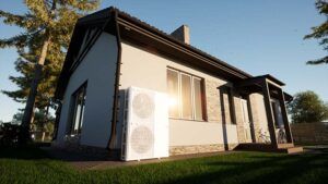 A house with a large air conditioner on the side of it.