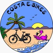 Een logo voor costa e-bikes met een flamingo op het strand