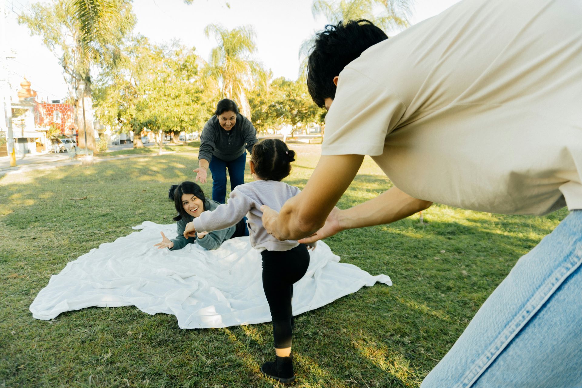 Family playing in park; child reaching for parent, other parent on blanket.