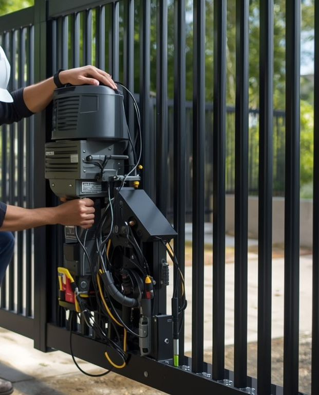 Black metal gate with vertical bars, mounted on concrete.