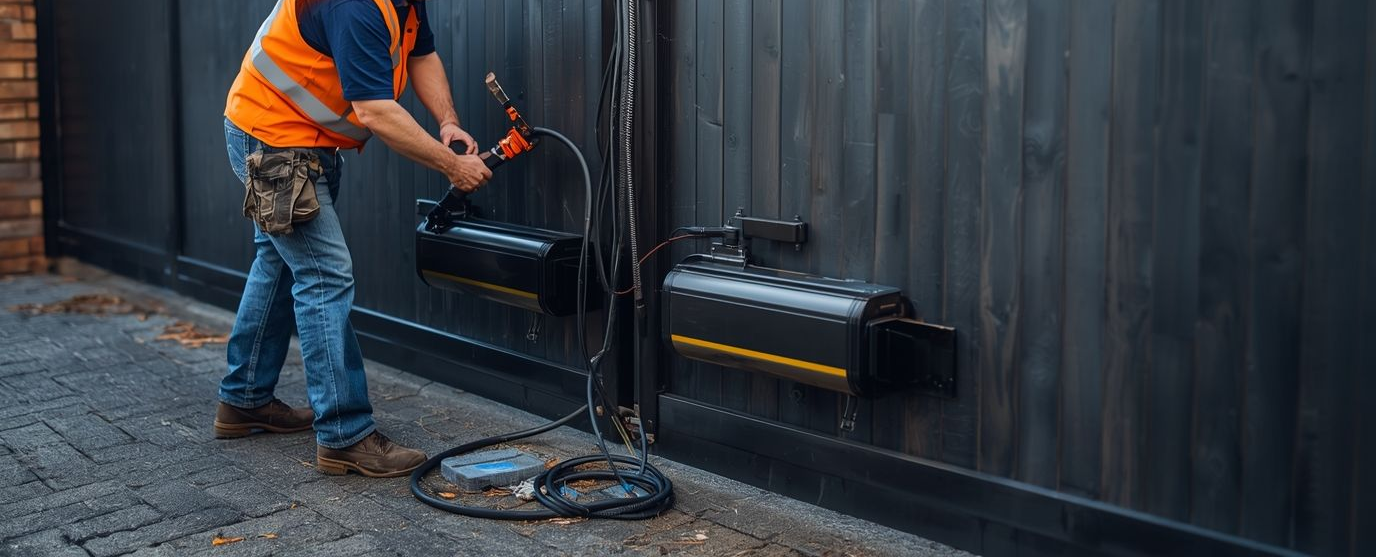 Black metal gate with a latch, set in a concrete pathway.
