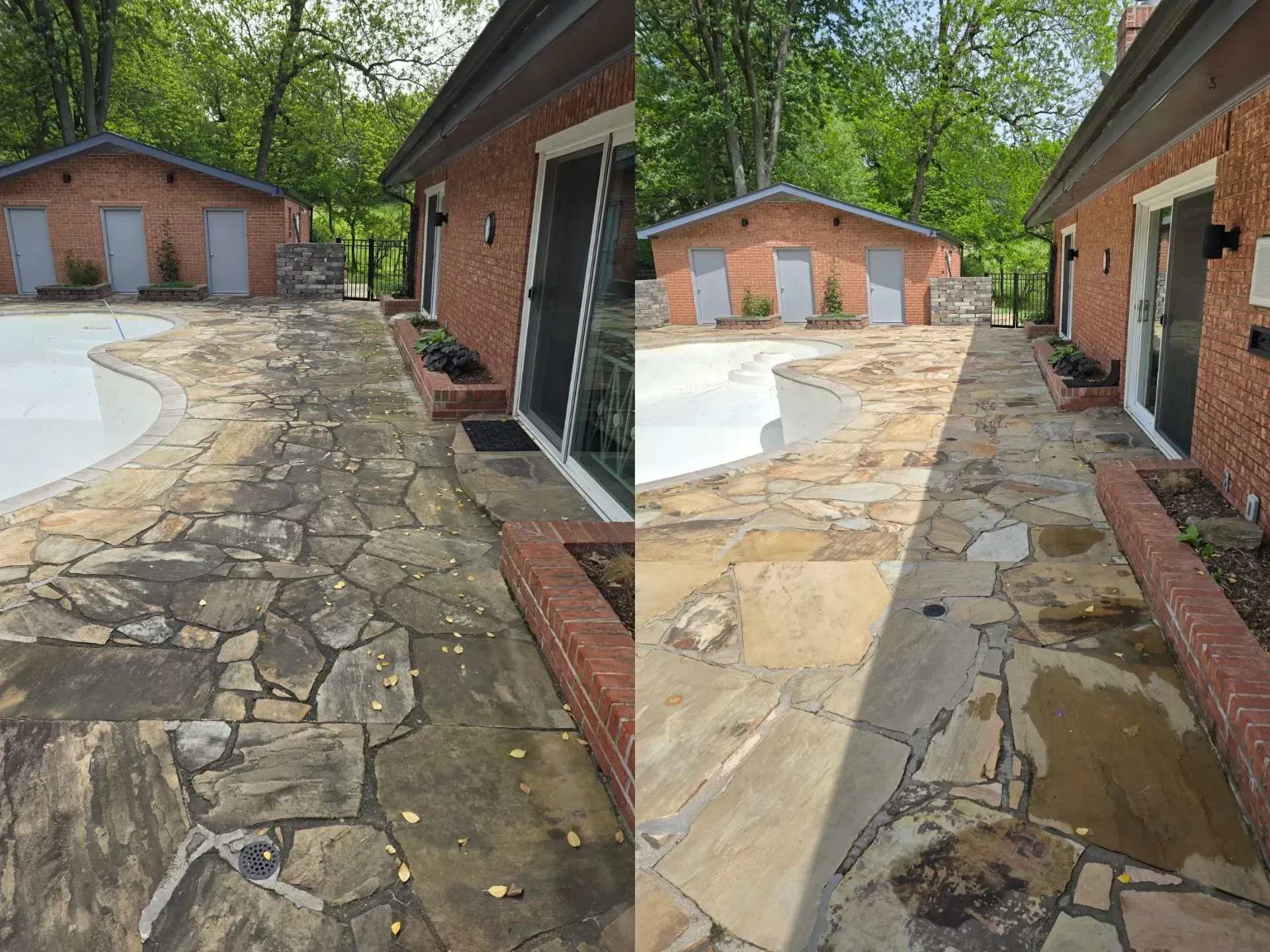 A before and after picture of a stone patio next to a pool.