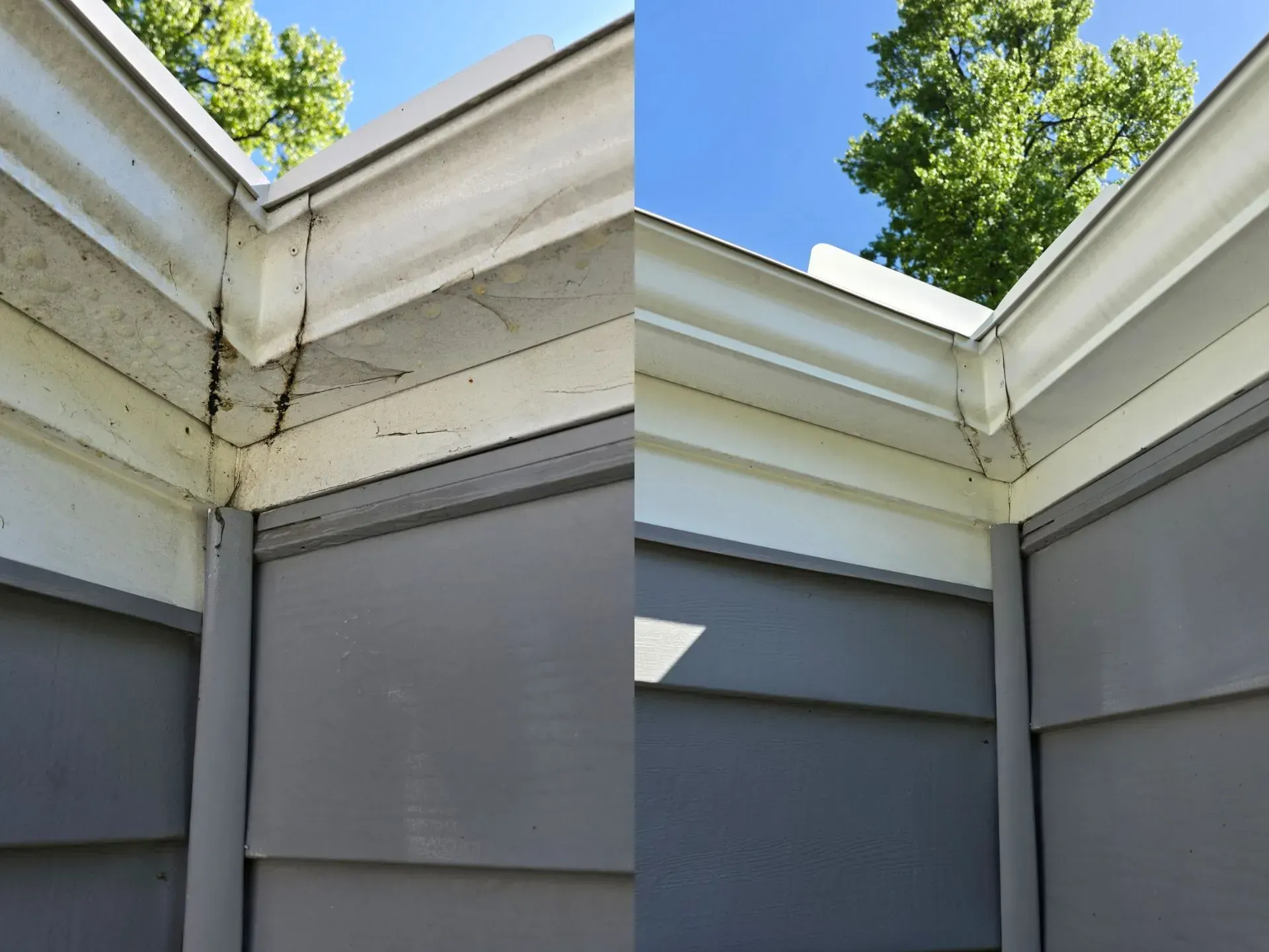 A before and after picture of a gutter on a house.