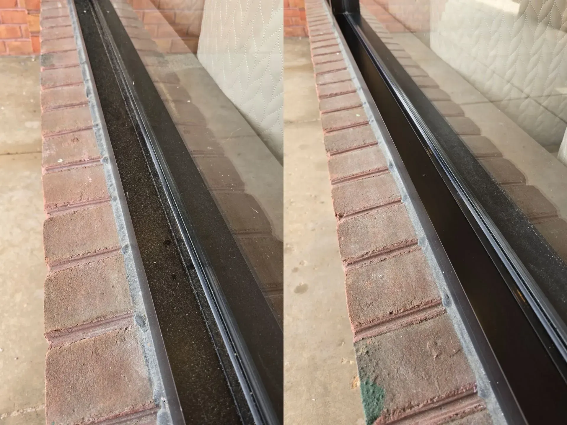 A before and after picture of a drain on a brick wall.