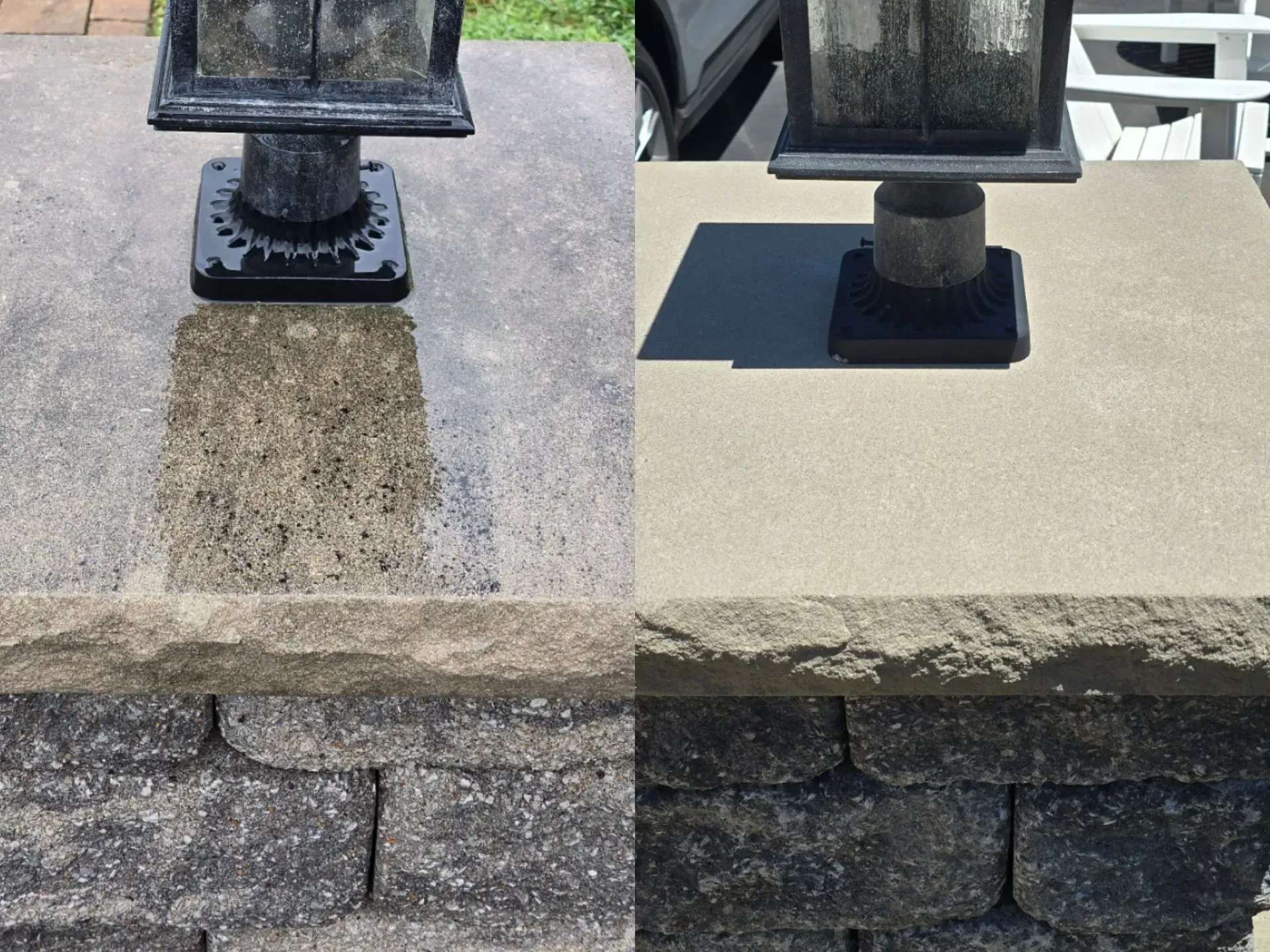 A before and after photo of a lamp post