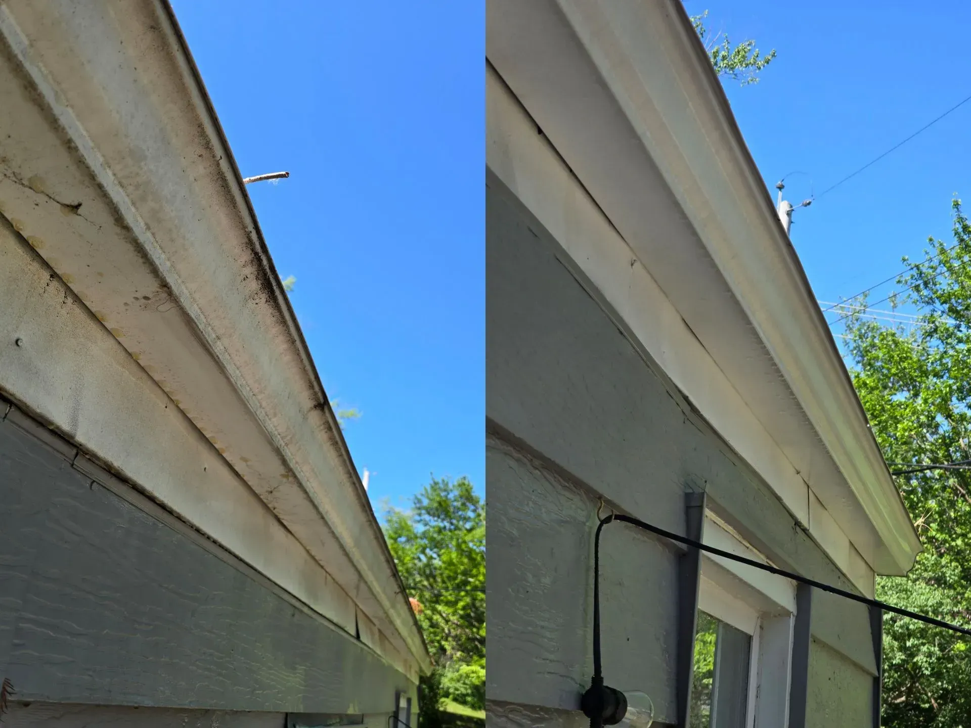 A before and after picture of a gutter on a house.