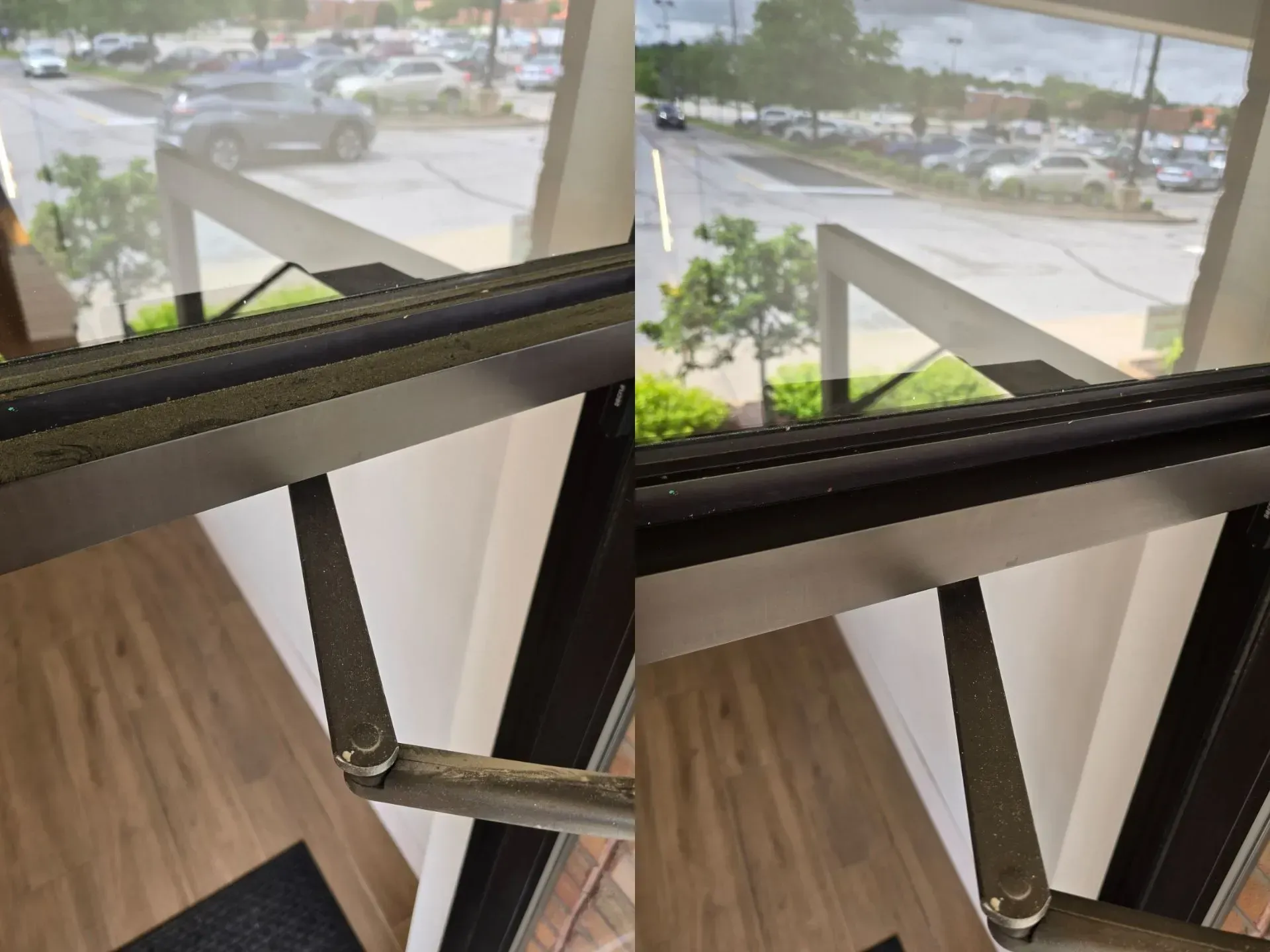 A before and after picture of a window with a view of a parking lot.