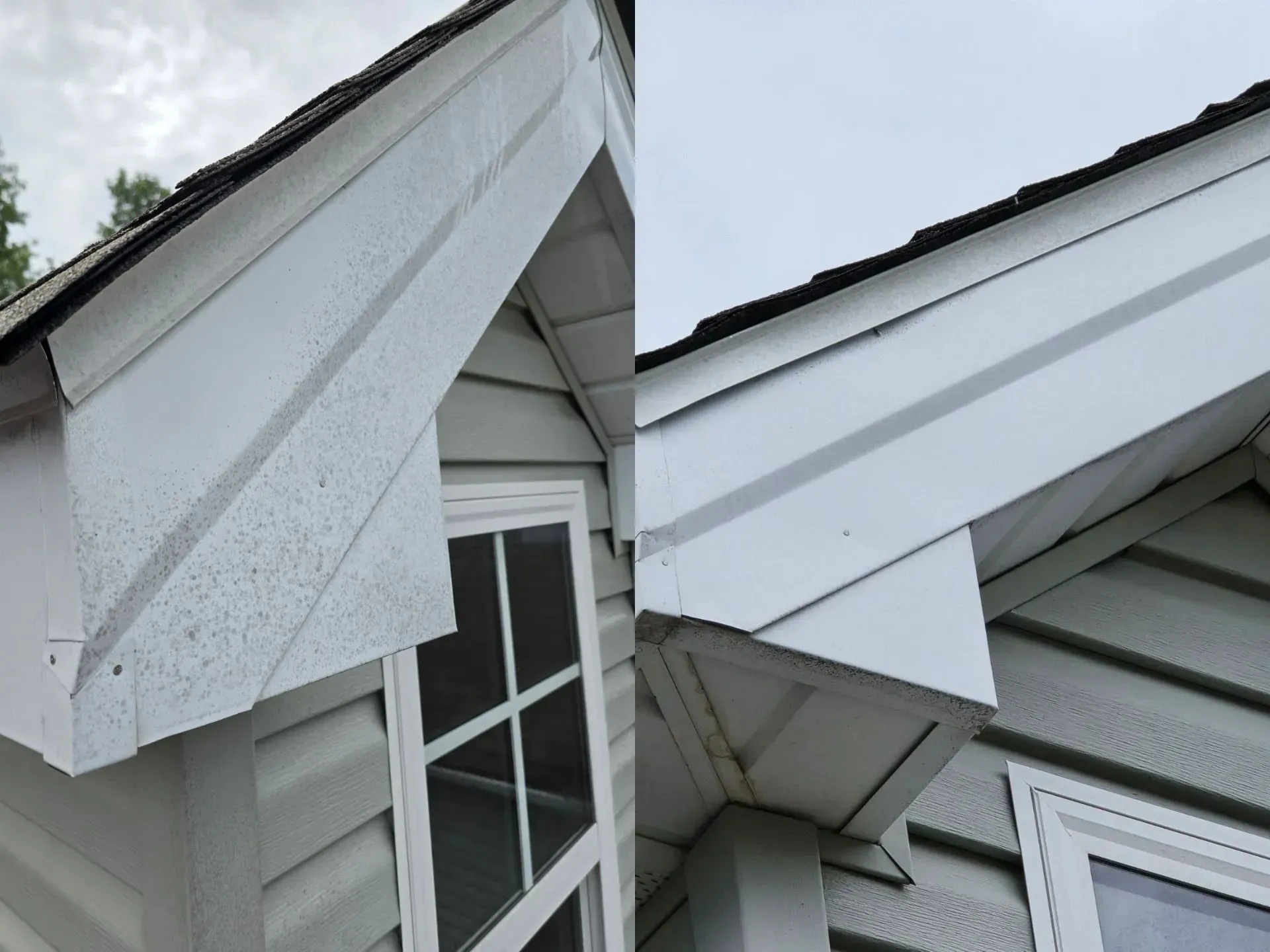 A white house with a window and a roof