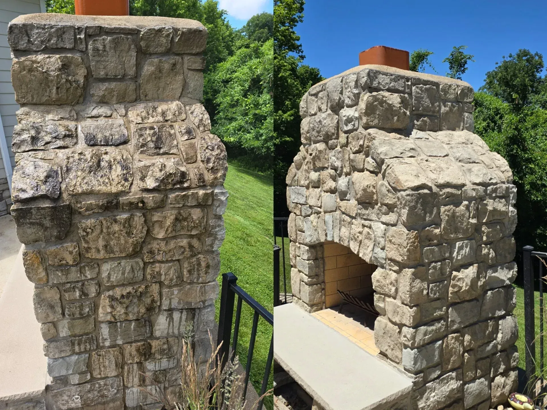 A before and after picture of a stone fireplace.