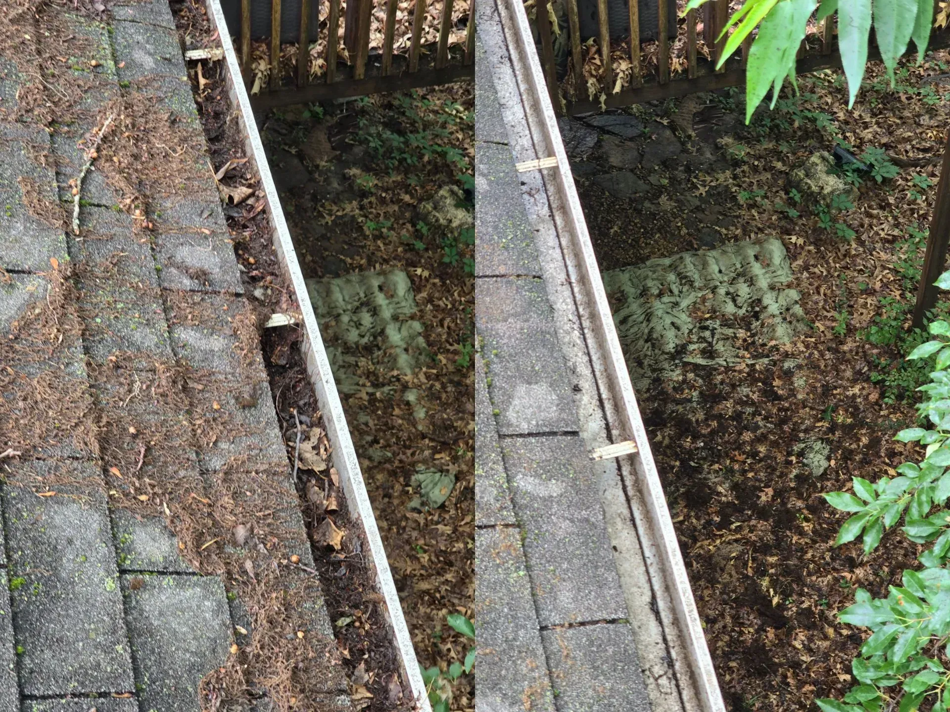 A before and after picture of a gutter with leaves on it.