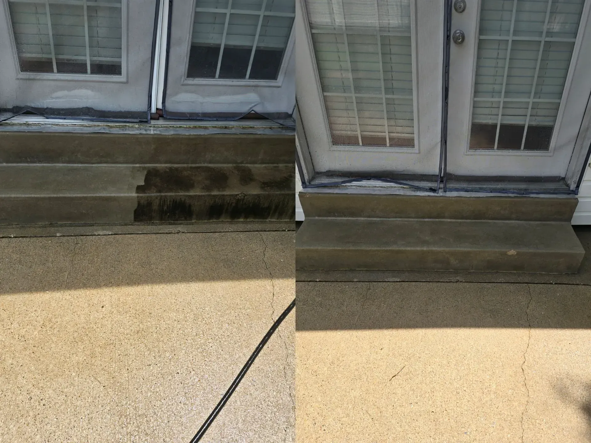 A before and after picture of a patio with steps and a door.
