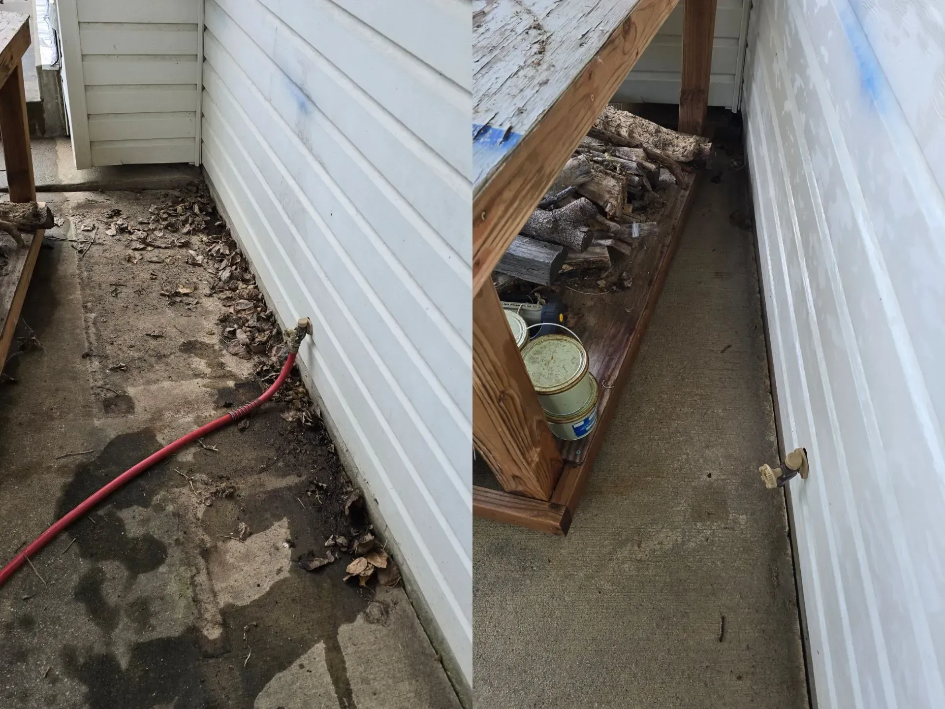 A before and after picture of a house with a hose attached to it.