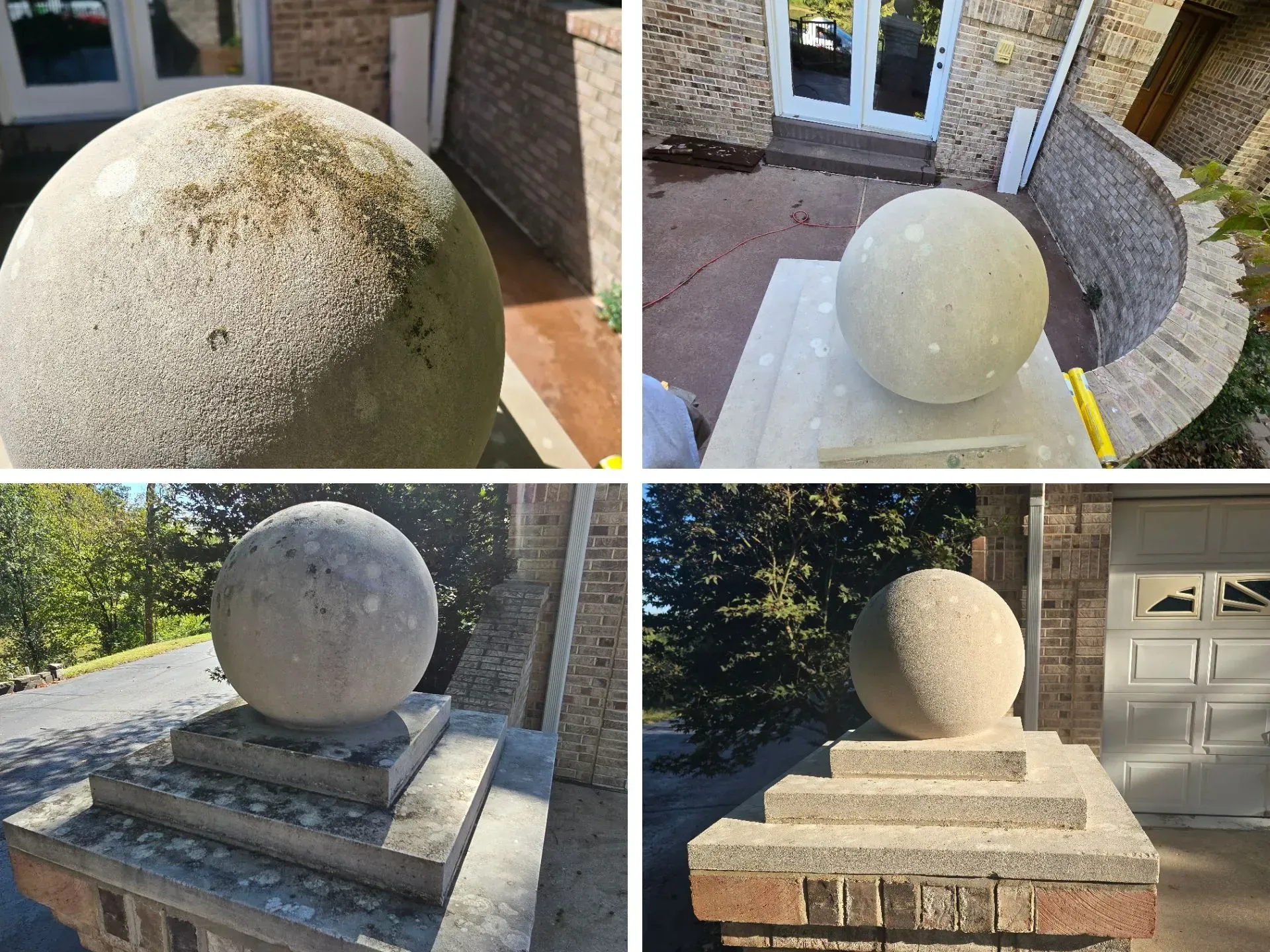 A collage of four pictures of a stone ball