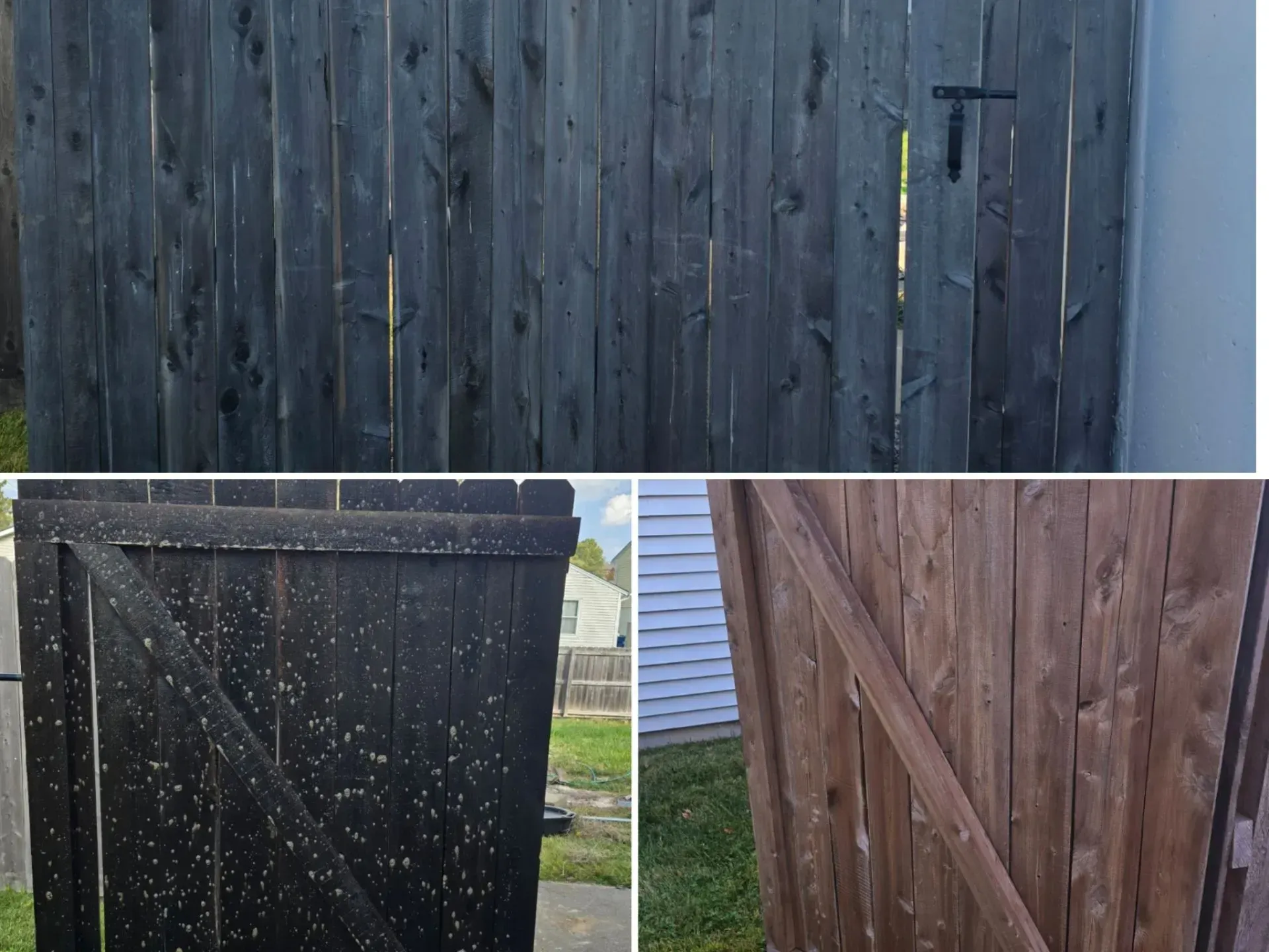 A collage of four pictures of a wooden fence