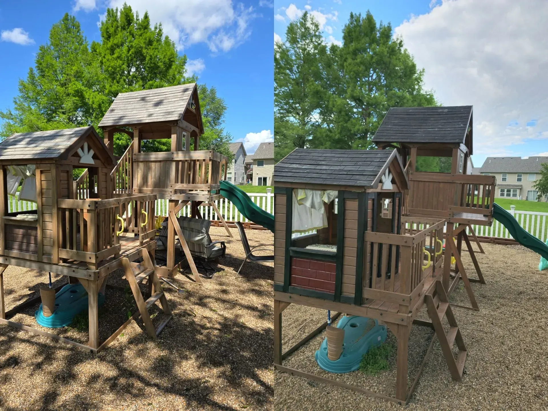 A before and after picture of a wooden playground set in a park.