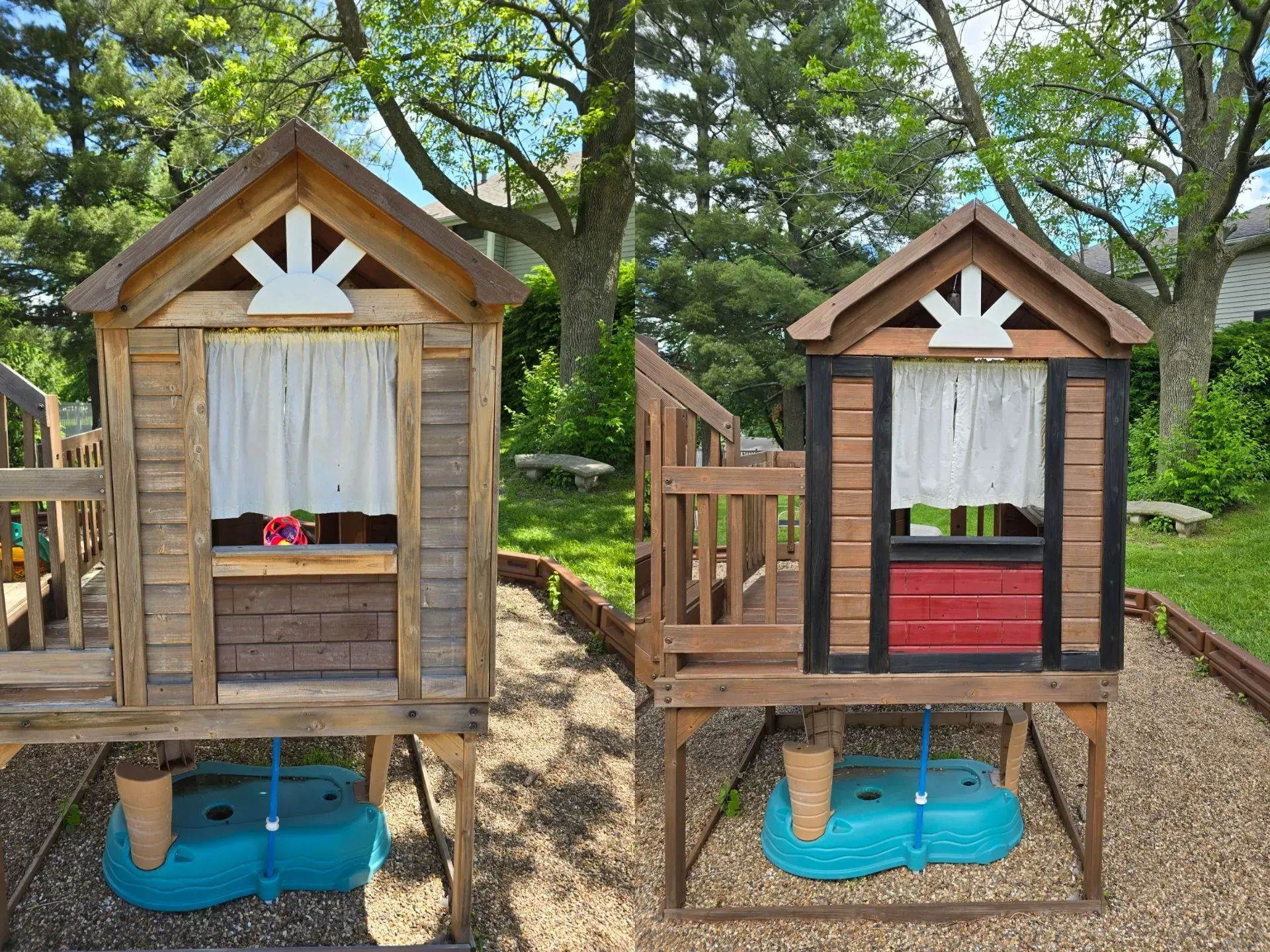 A before and after picture of a wooden playhouse in a backyard.