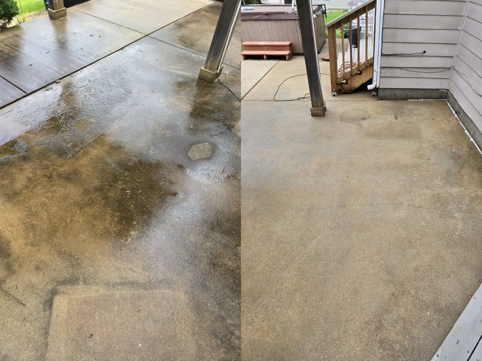 A before and after picture of a concrete patio.