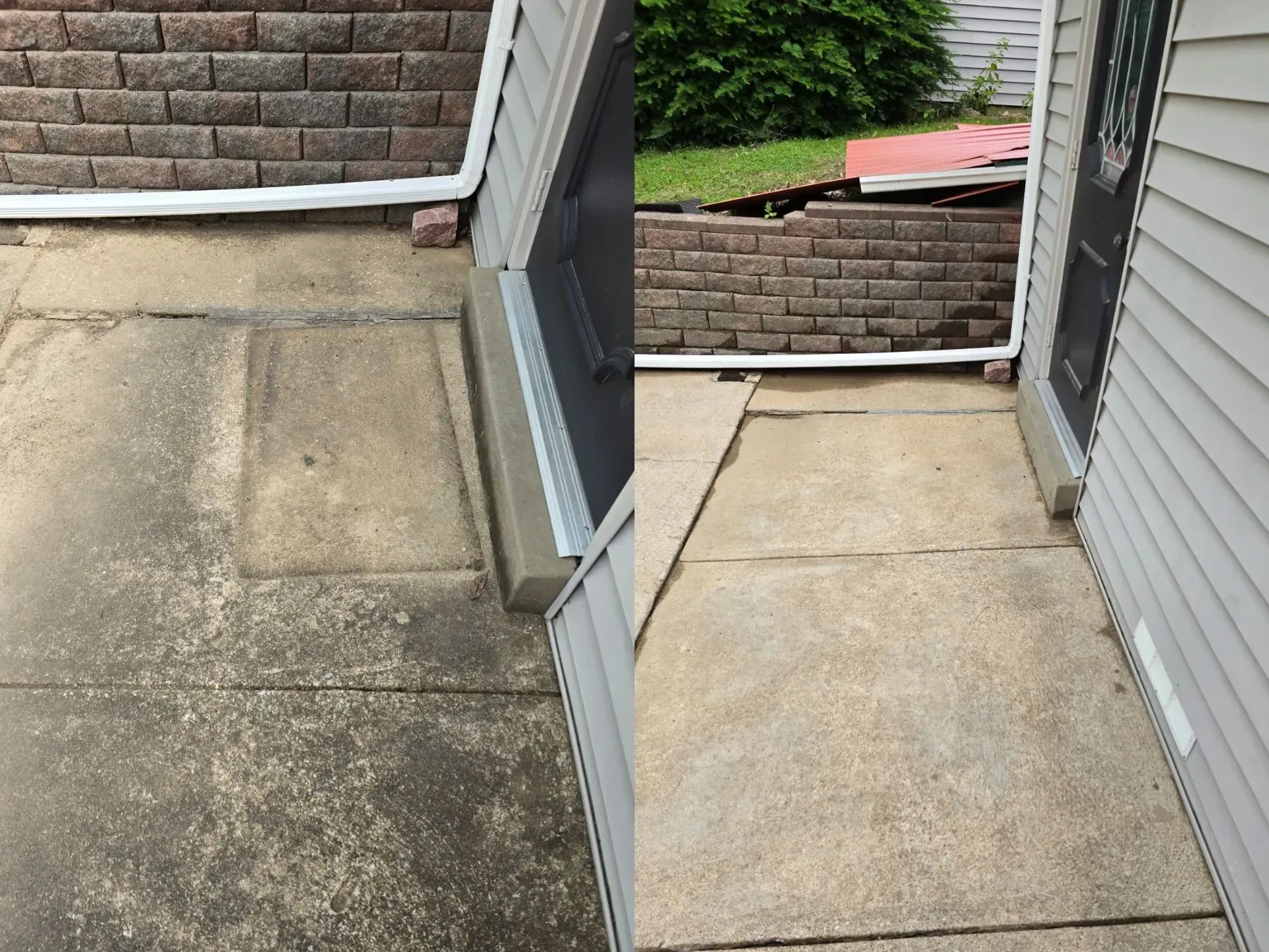A before and after picture of a sidewalk in front of a house