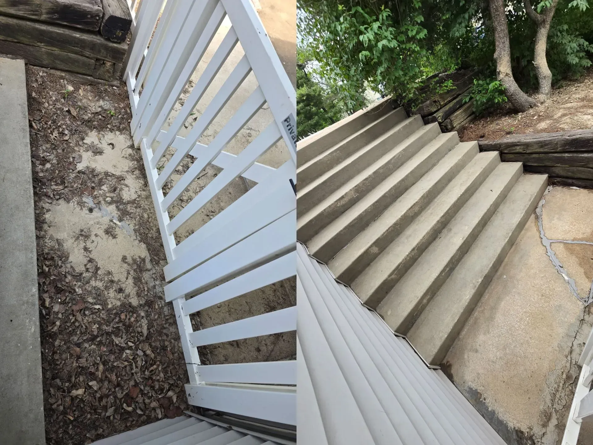 A before and after picture of a staircase with a white railing