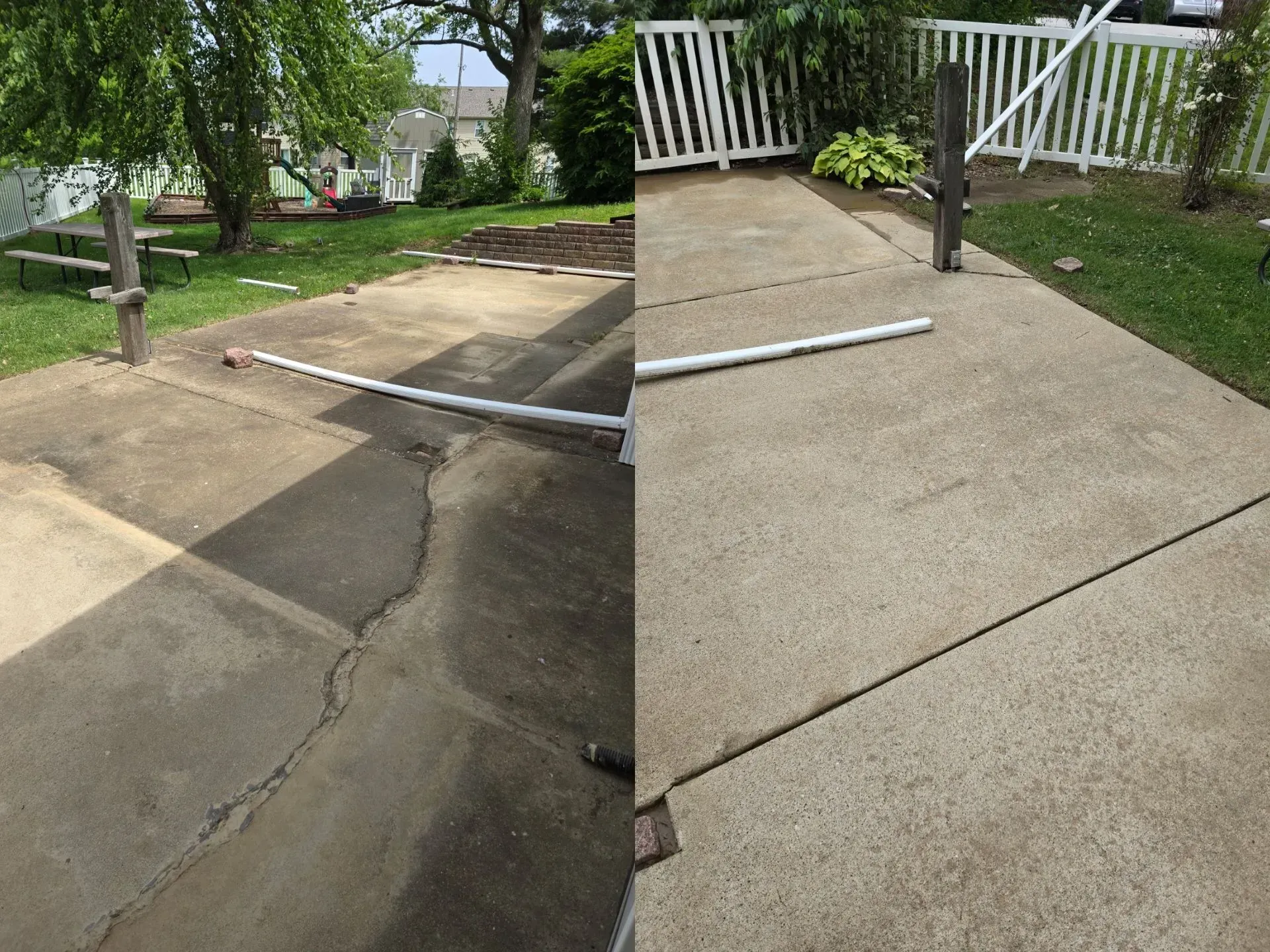 A before and after picture of a concrete driveway.